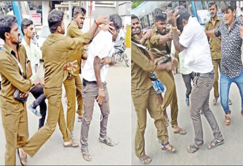 தனியார் பஸ் ஊழியரின் சட்டையை கிழித்ததற்கு பழிக்குப்பழி: நடுரோட்டில் கால் டாக்சி டிரைவருக்கு அடி–உதை