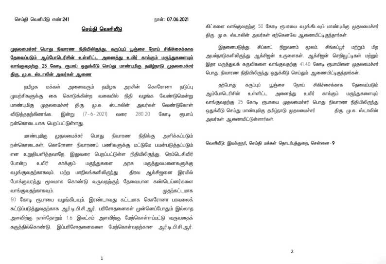 Rs 25 Crore Allocated For Purchase Of Medicine For Treatment Of Black Fungus First Minister Mk Stalin S Order கர ப ப ப ஞ ச ந ய ச க ச ச க க ன மர ந த வ ங க ர 25 க ட ந த ஒத க க ட